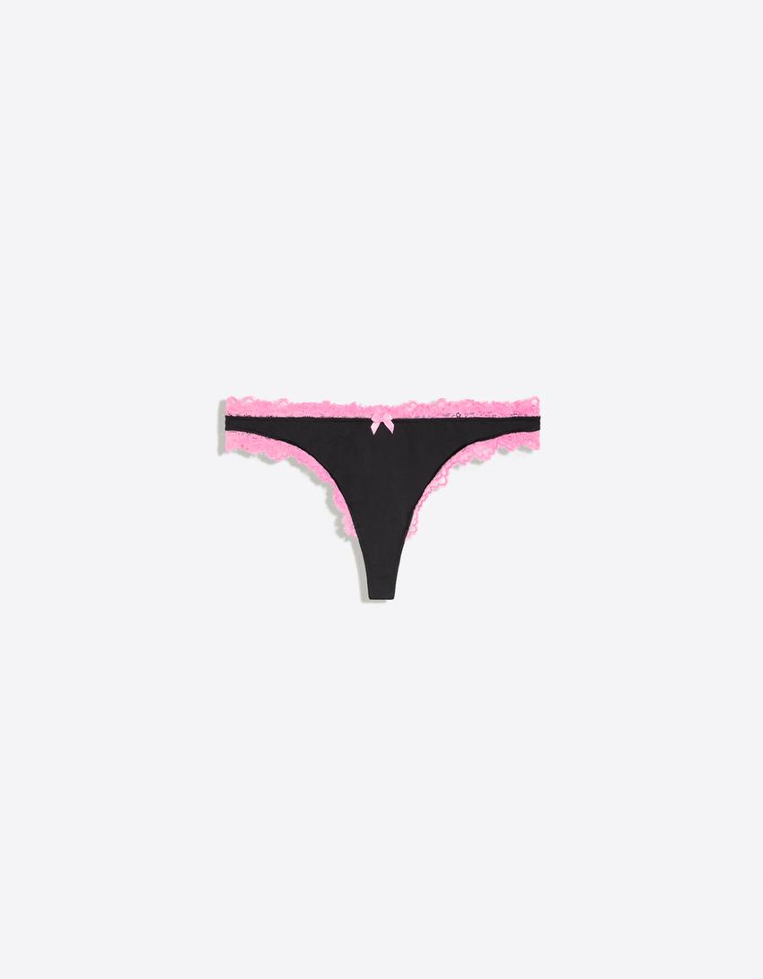 Contrast lace thong-Black