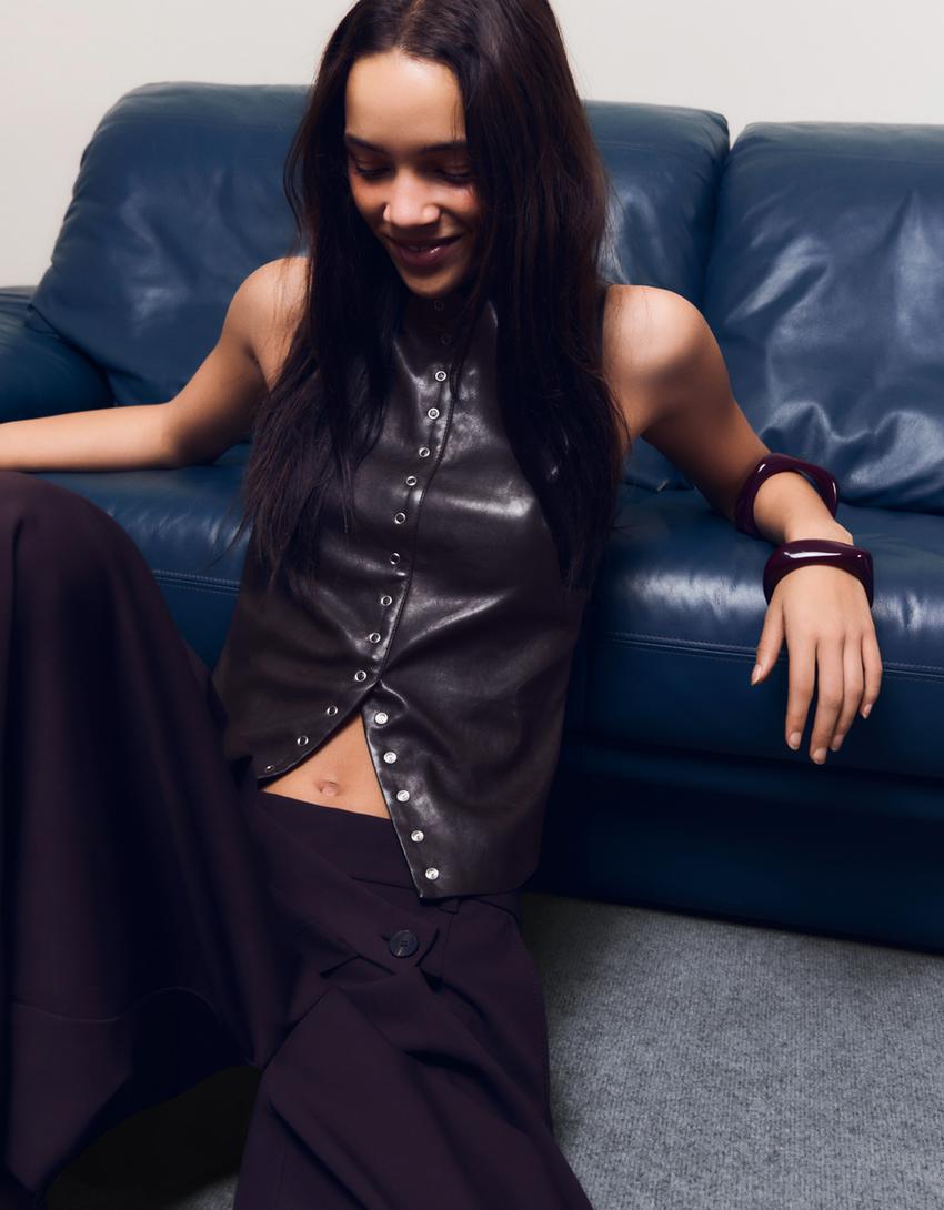 Leather effect studded top-Brown