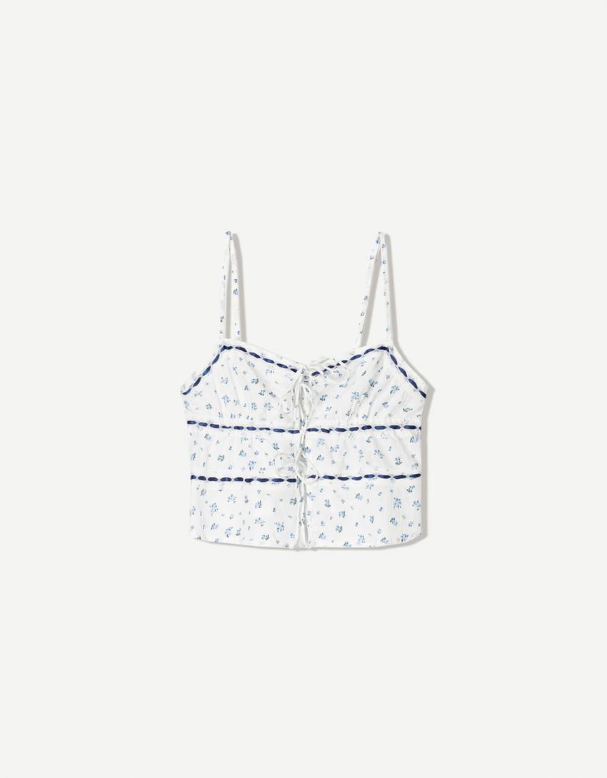 Top met print en kanten afwerking en strikjes-Wit