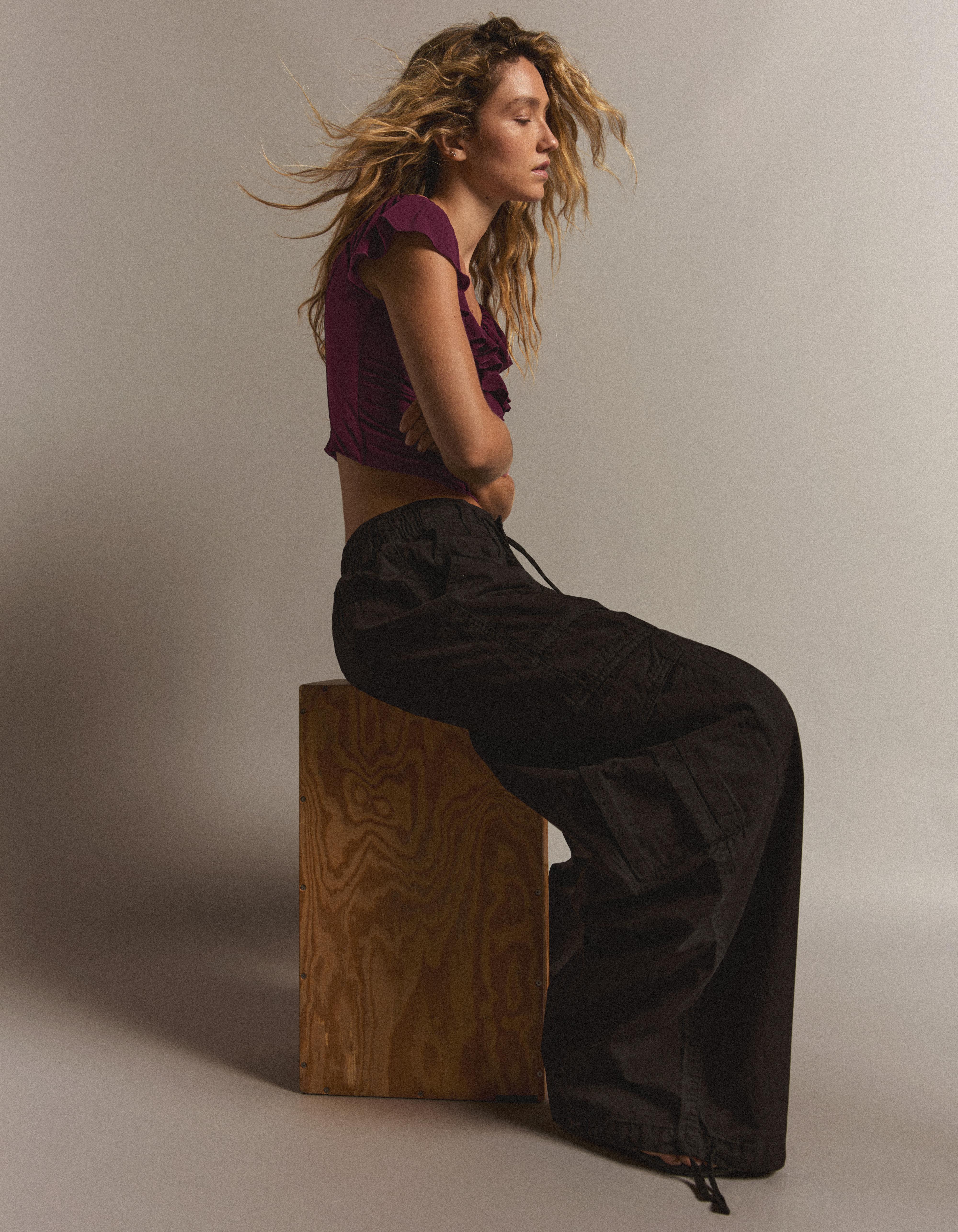 Bardot corset frill top — Burgundy