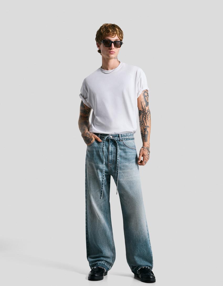 Baggy jeans with belt-Light blue-0