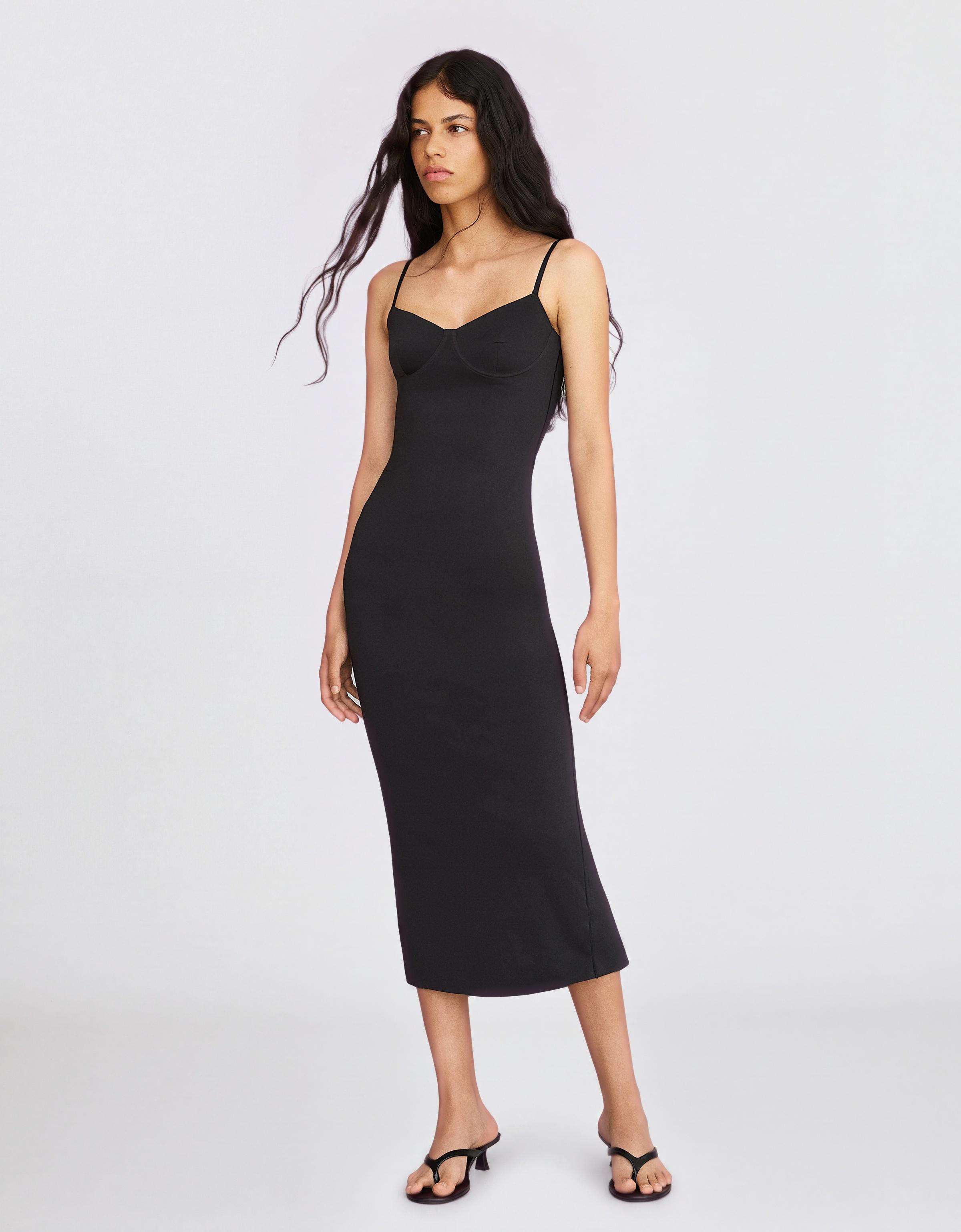 Midi dress with straps and sweetheart neckline — Black