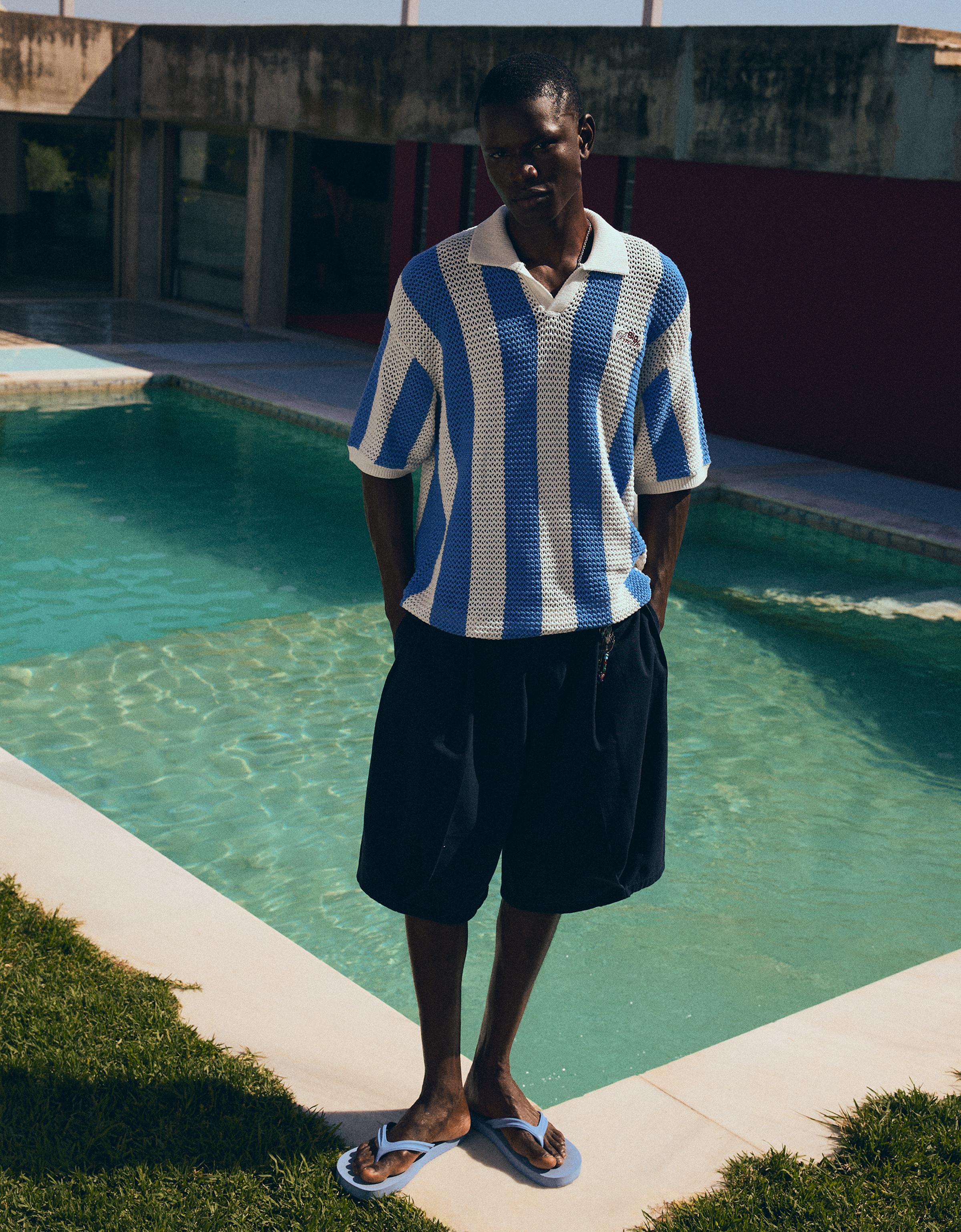 Short sleeve mesh stripe polo — Light blue