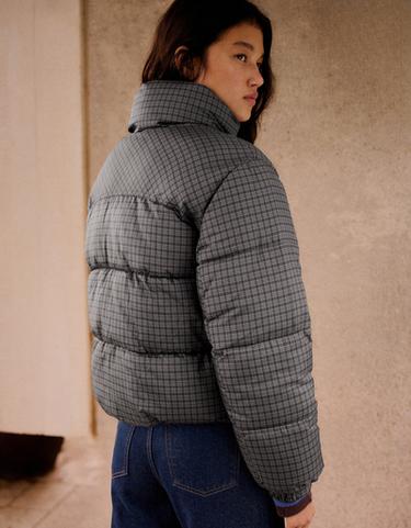 Oversize water repellent check puffer jacket. — Brown 4