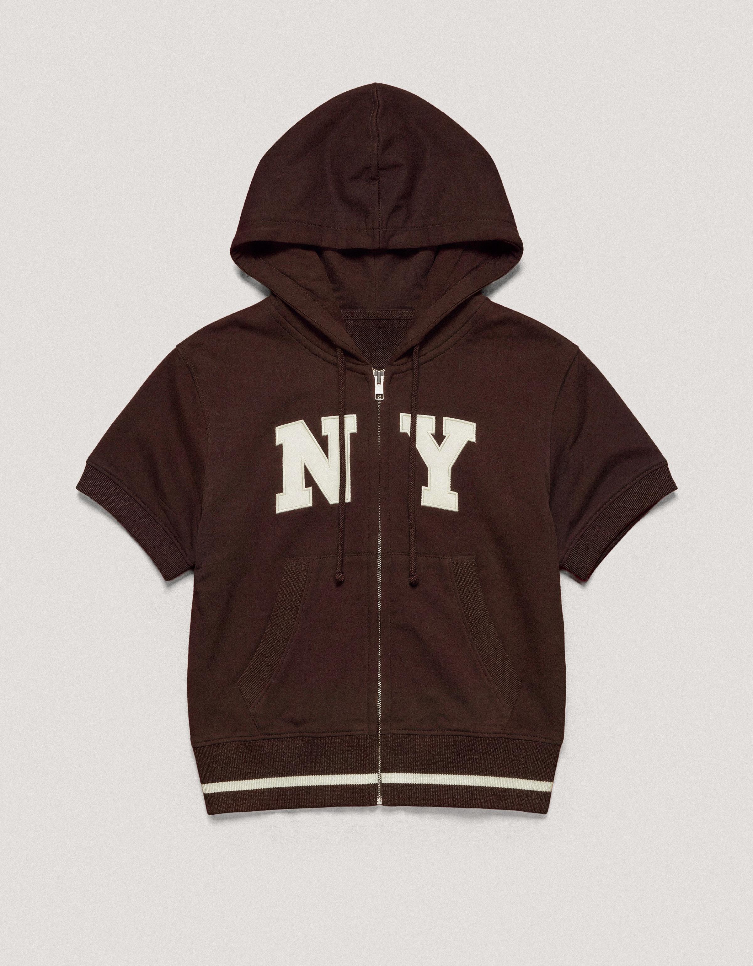 Short-sleeved hooded zip-up sweatshirt — Brown