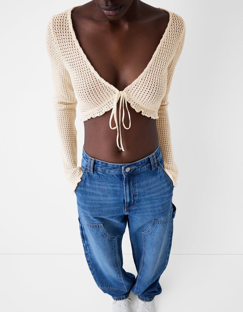 Camisola de manga comprida com renda de crochet-Bege-2