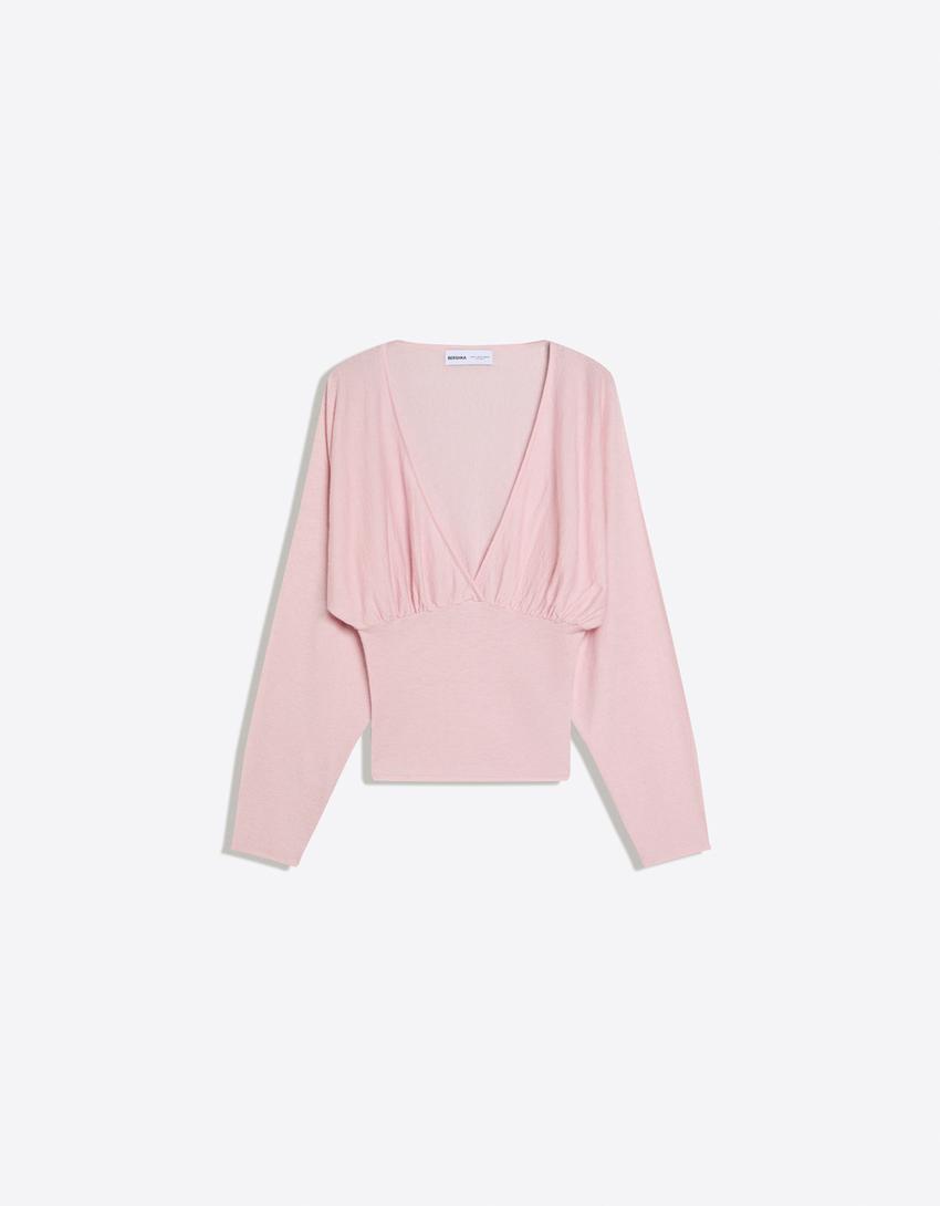 V-neck sweater with sash-Pink