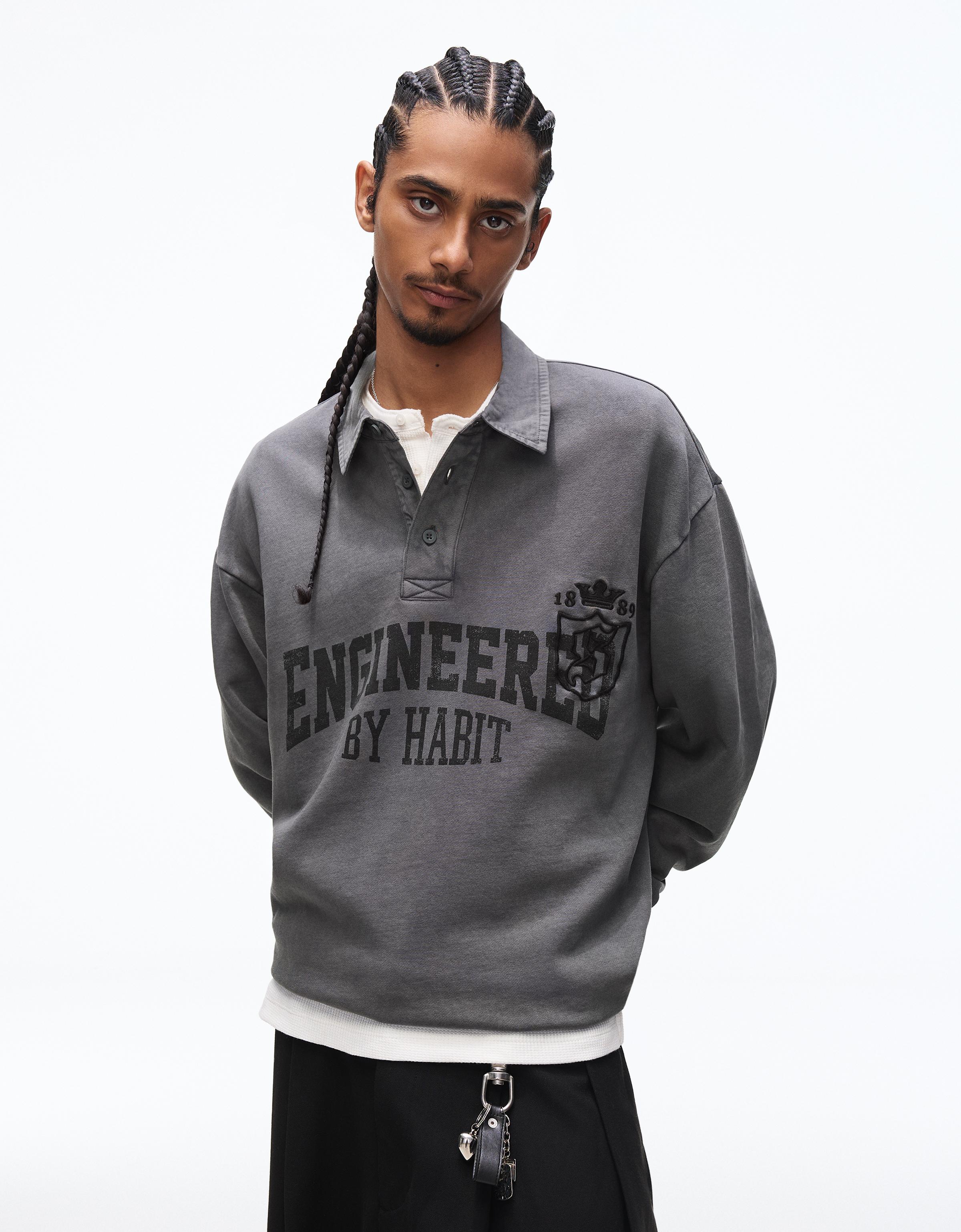 Bershka Pullover Mit Polo-Kragen Und Print Herren M Grau