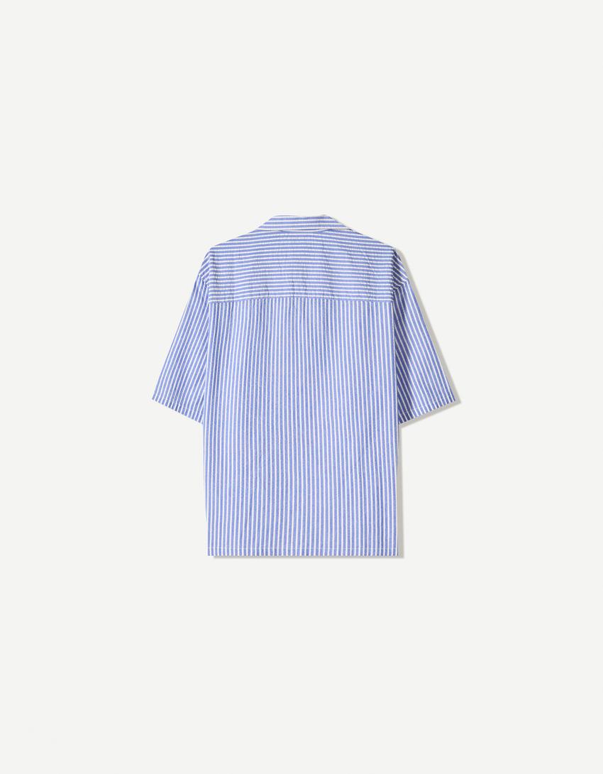 Striped textured short sleeve boxy fit shirt-Blue-1