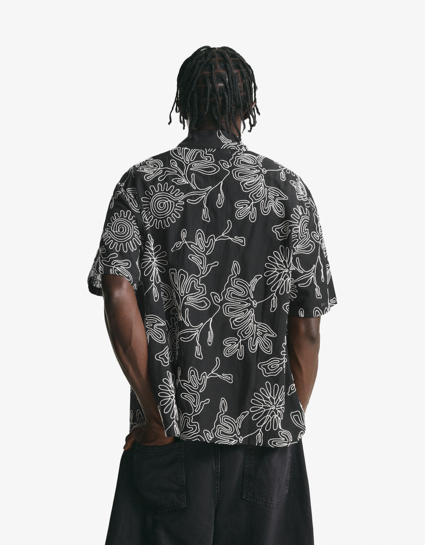 Camicia a maniche corte ricamata-Nero-1