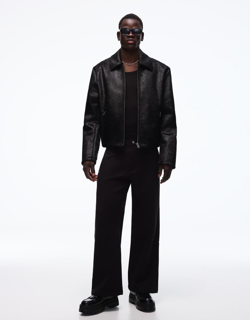 Faux fur zip-up jacket-Black