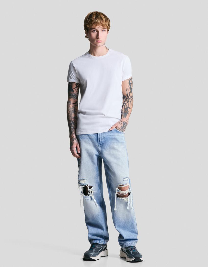 Jeans straight relaxed rotos-Azul lavado