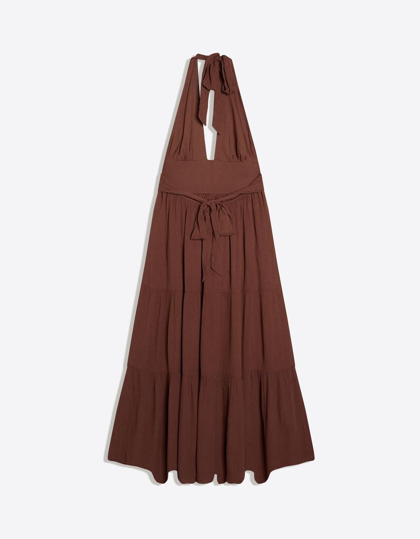 Rustic halter long dress-Brown