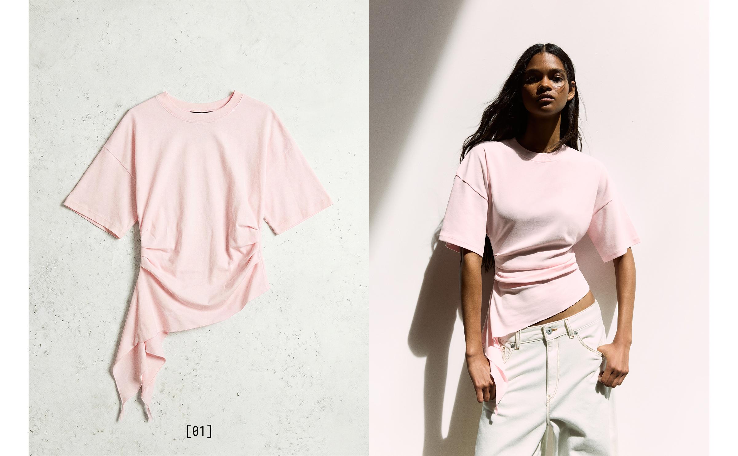 Short sleeve gathered T-shirt — Pink