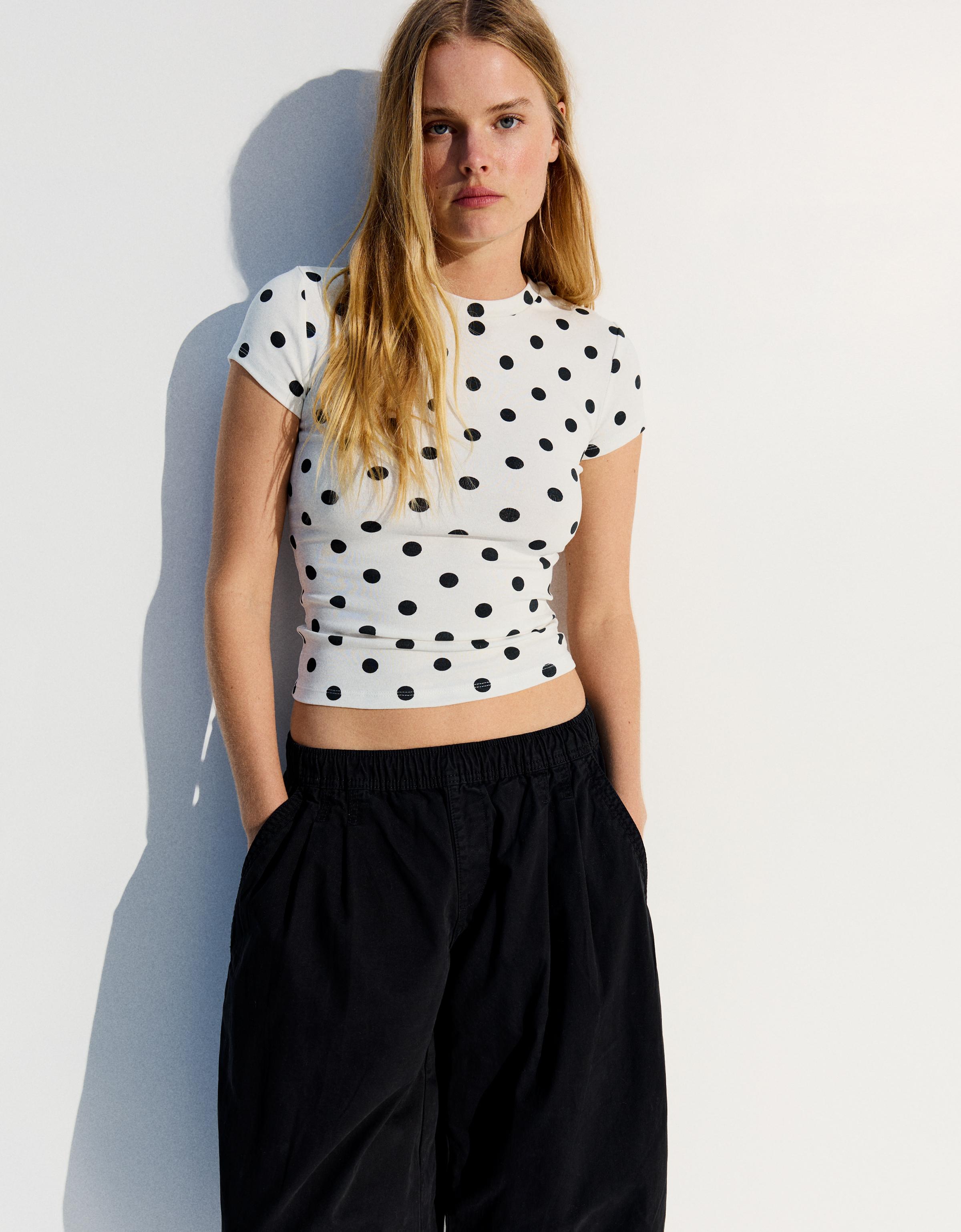 Bershka Camiseta Manga Corta Cuello Redondo Mujer L Blanco