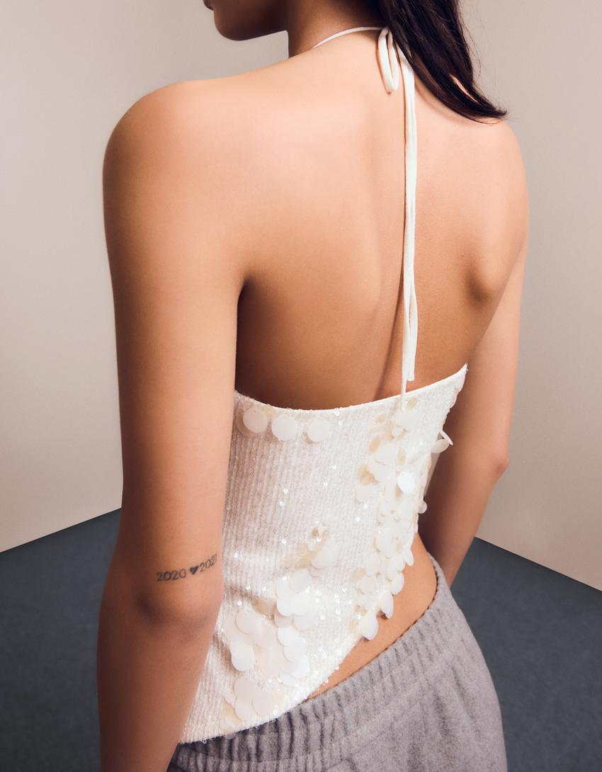Asymmetric sequin strappy top-Off white