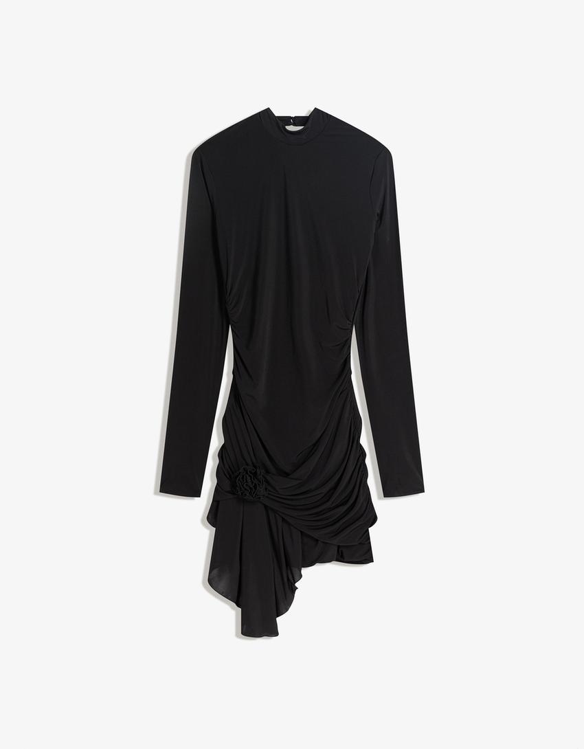 Vestito mini a fascia arricciato con fiore-Nero