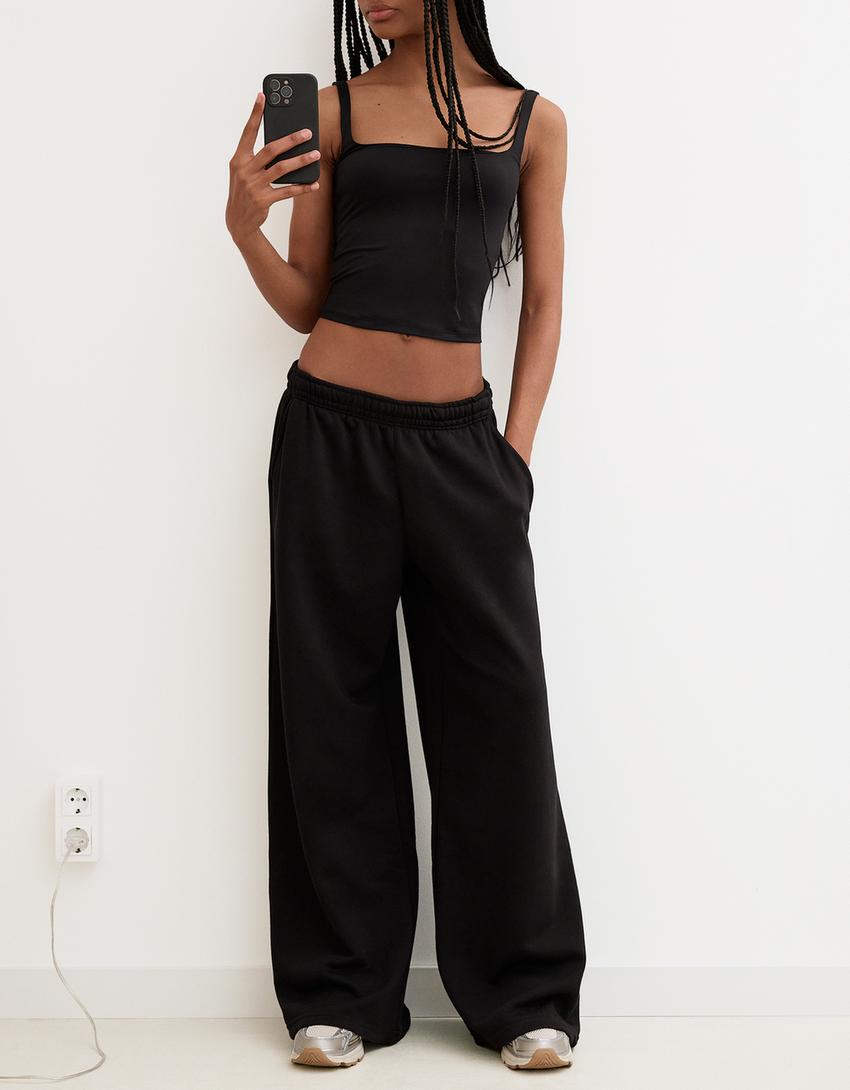 Pantaloni superwide leg in felpa-Nero-2