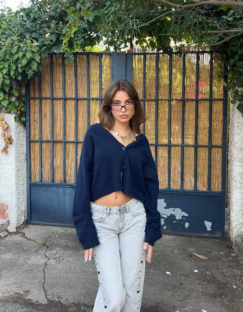 Cardigan com botões e gola em V-Azul