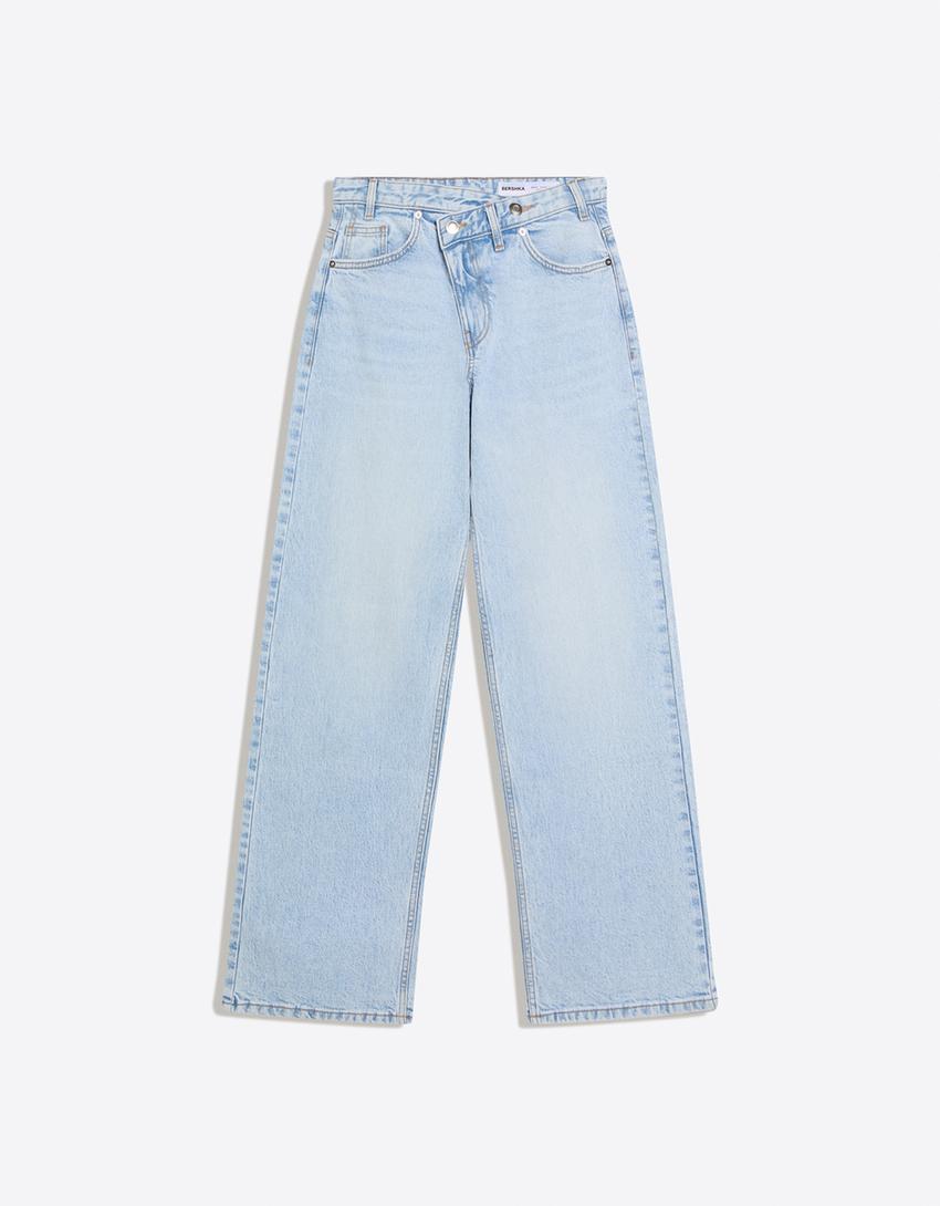 Wide-leg crossover waist jeans-Light blue