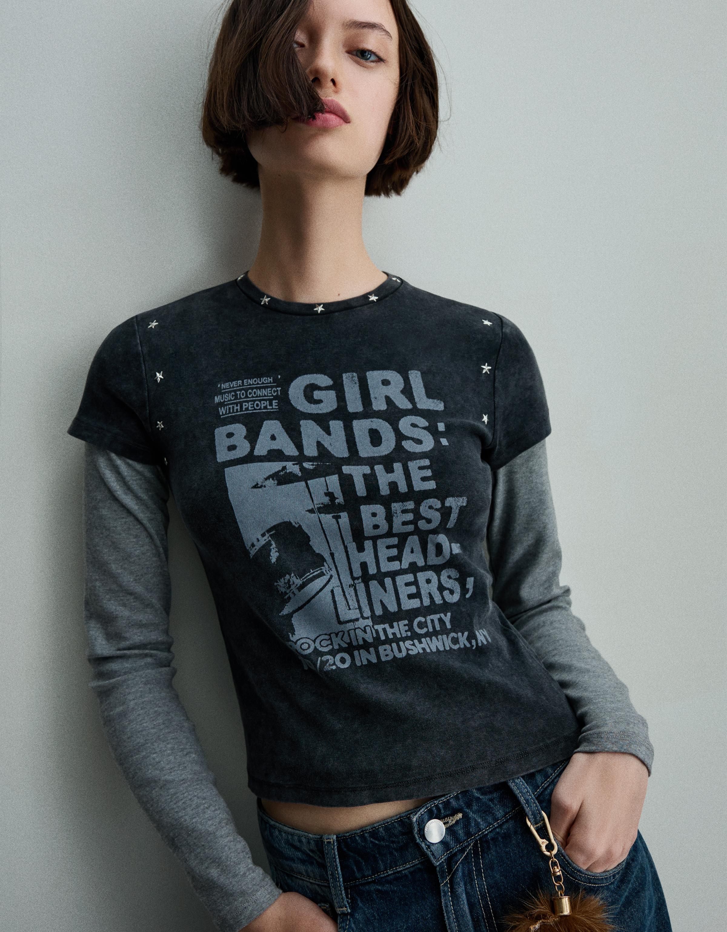 Bershka T-Shirt Mit Kurzen Ärmeln, Nieten Und Print Damen Xs Dunkelgrau