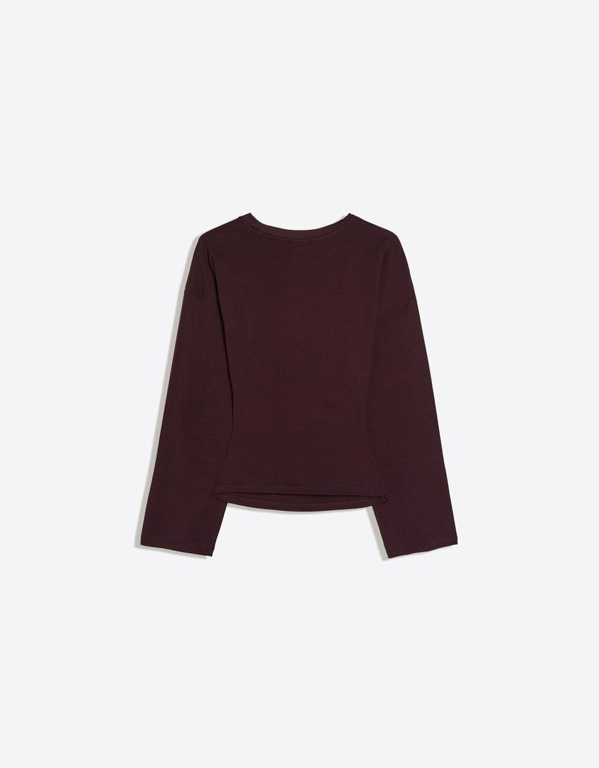 Ruched long sleeve T-shirt-Burgundy