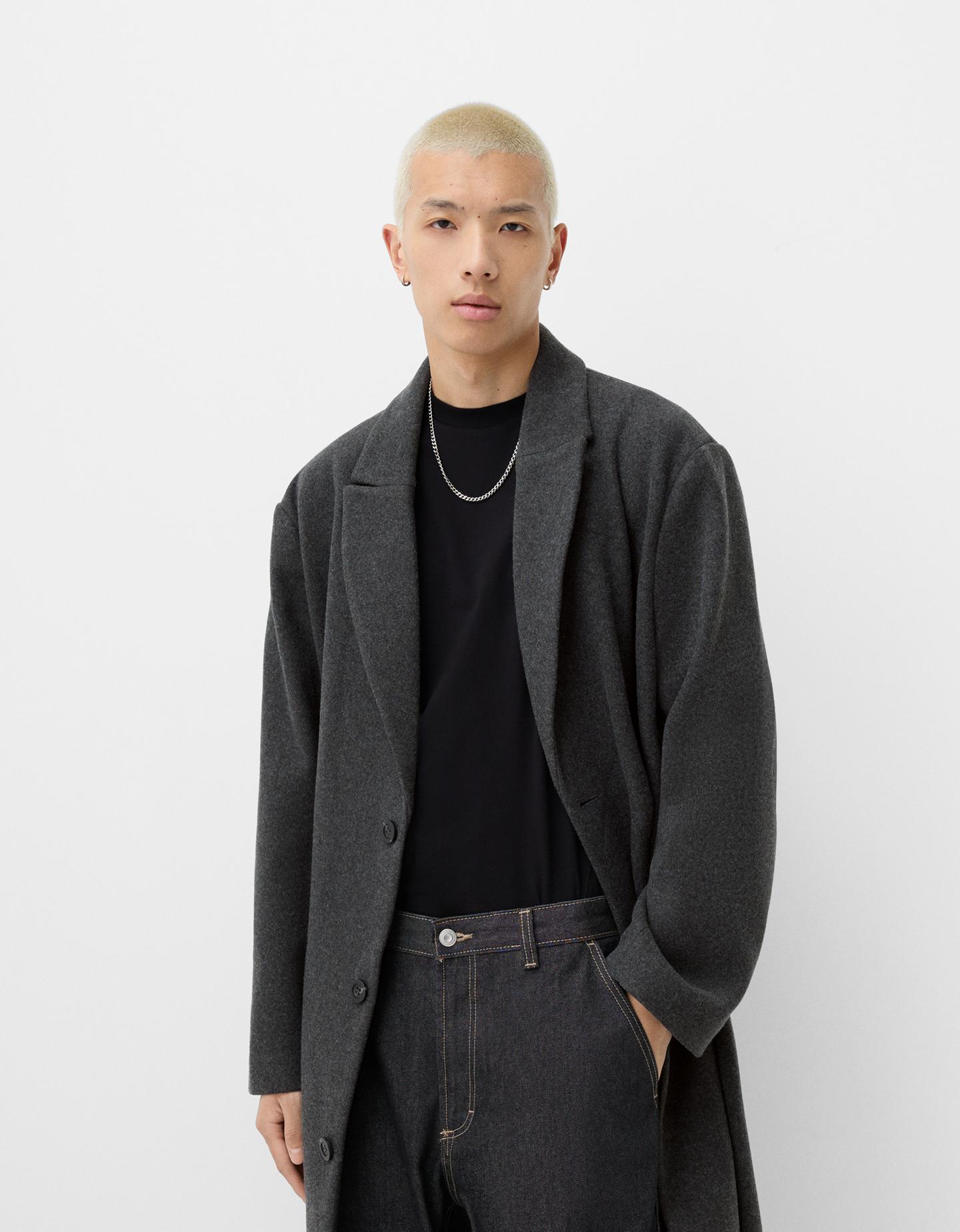 Bershka Abrigo Paño Comfort Hombre Xl Gris Oscuro