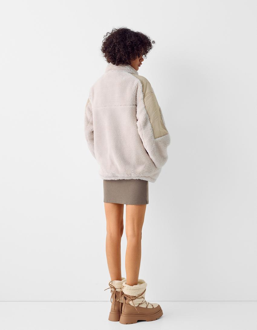 Contrast faux shearling nylon blend jacket-Cream-1