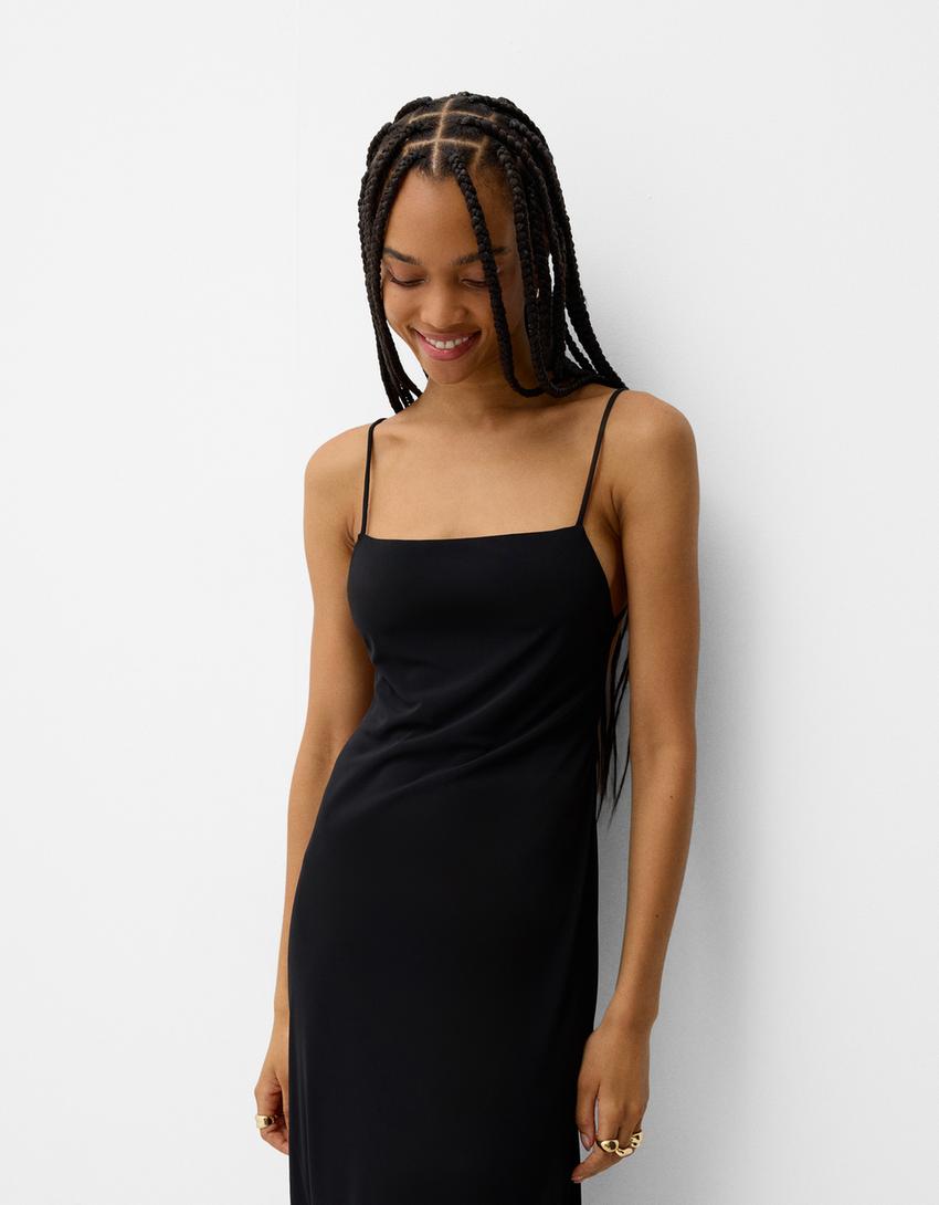 فستان متوسط الطول بحمالات-أسود-1