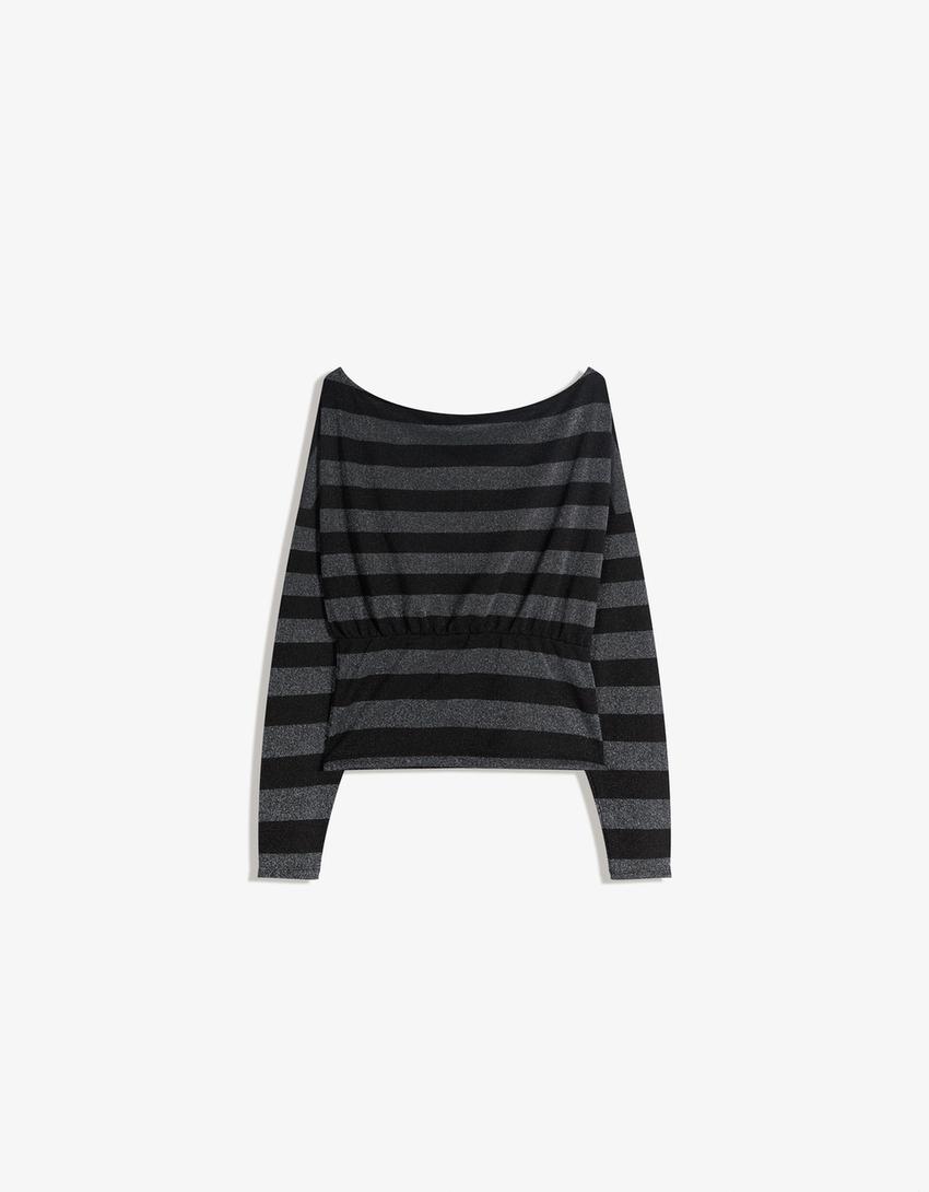 T-shirt à manches longues asymétrique à rayures brillantes-Gris