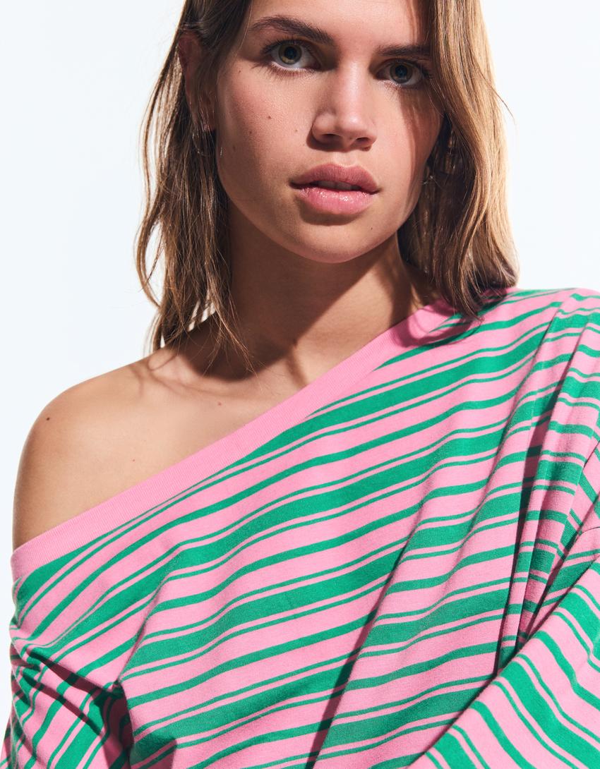 Asymmetric neck long sleeve print T-shirt-Pink