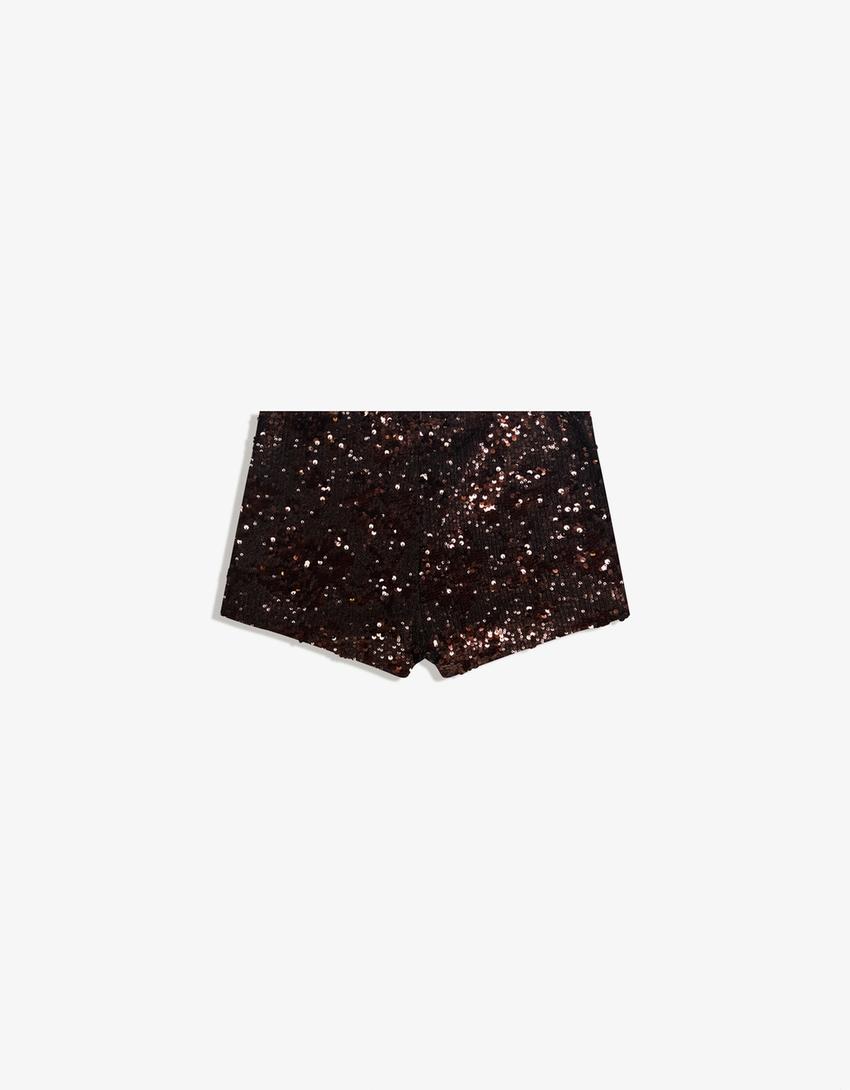 Sequinned mini shorts-Brown