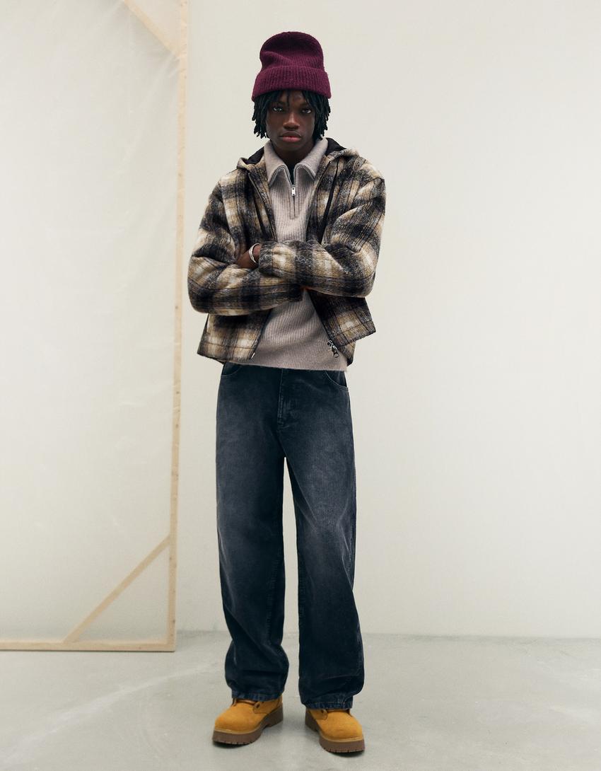 Куртка геометрического кроя в клетку с капюшоном-Черный