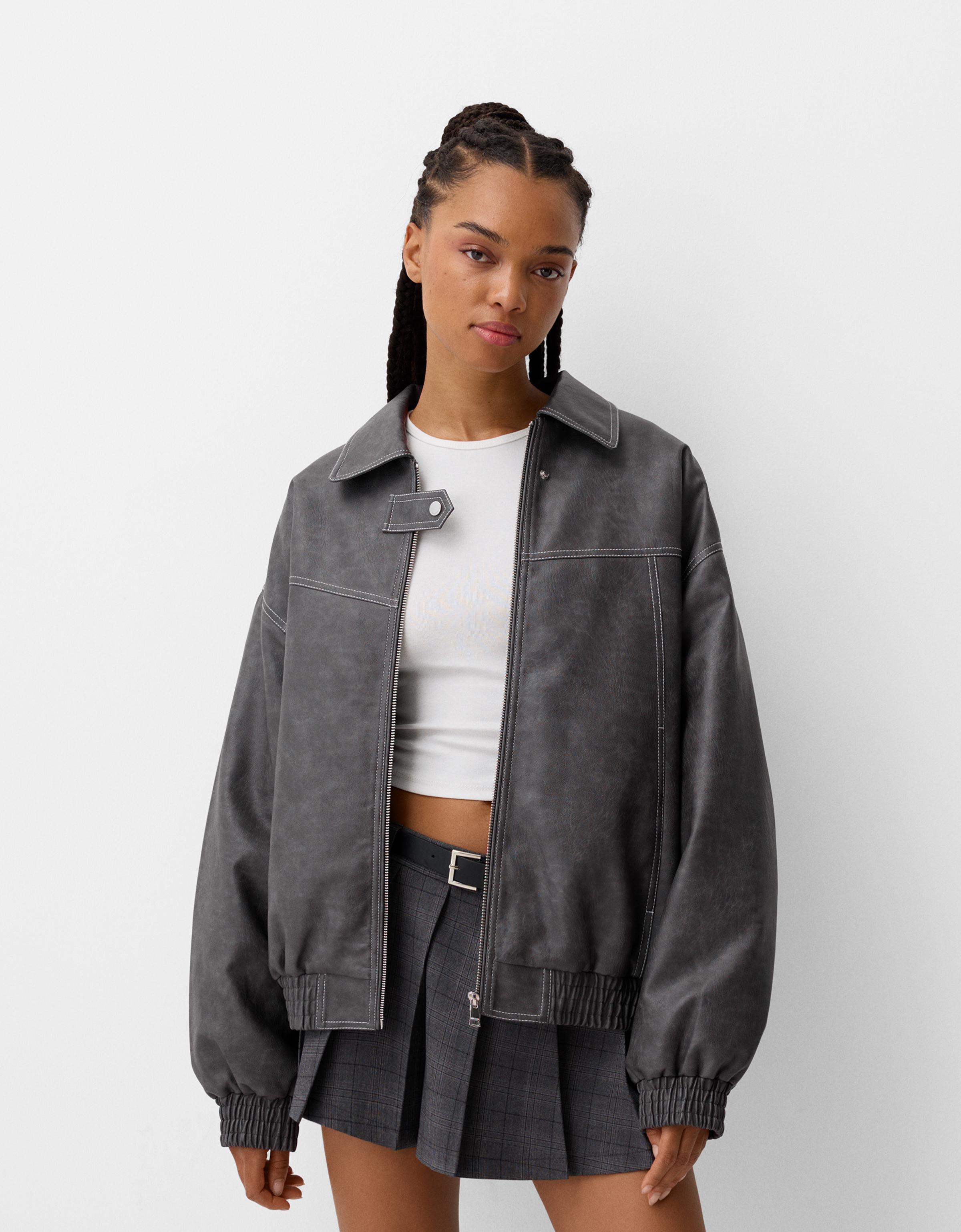 Bershka Oversize-Jacke Aus Kunstleder Mit Stickerei Damen Xs Dunkelgrau