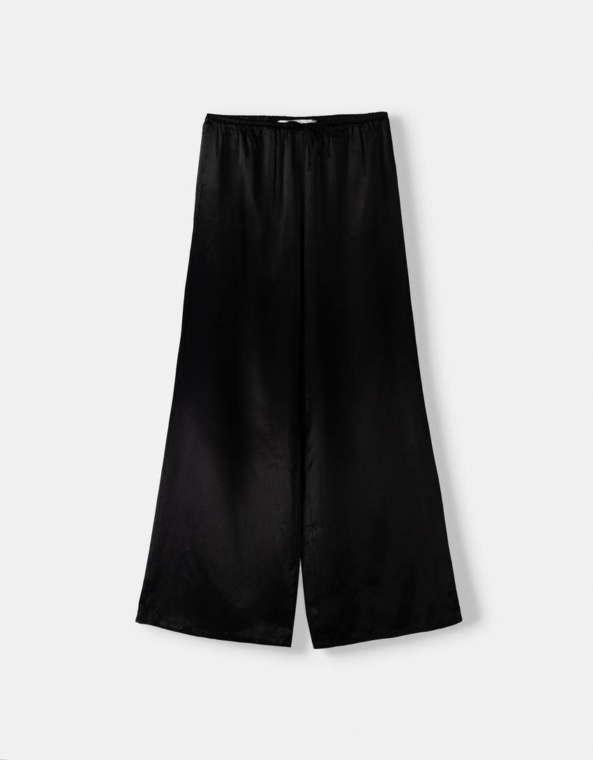 Wide-leg sateen pants-Black-4