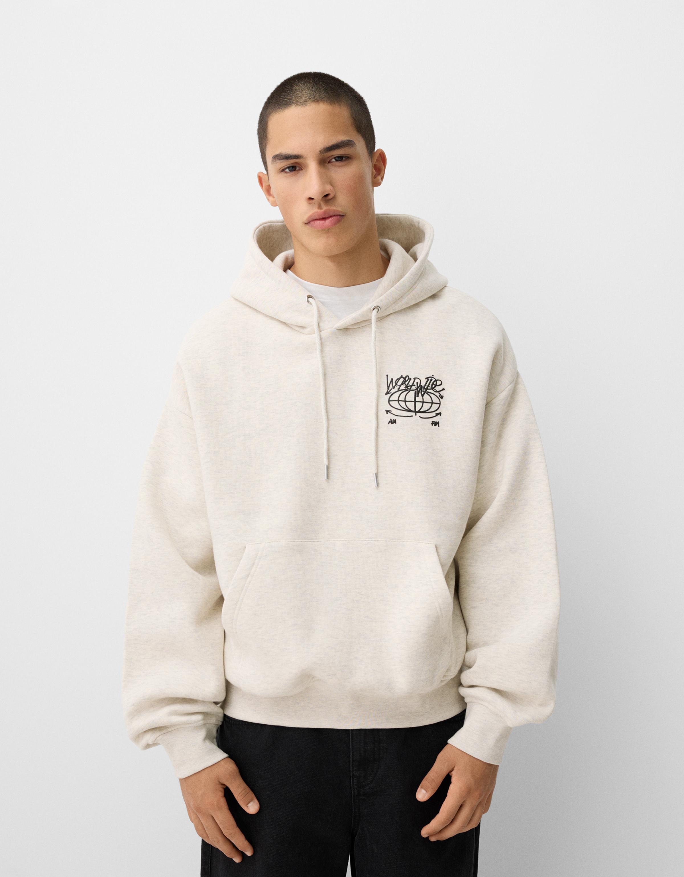 Bershka Hoodie Mit Kapuze Und Boxy-Print Herren L Grau