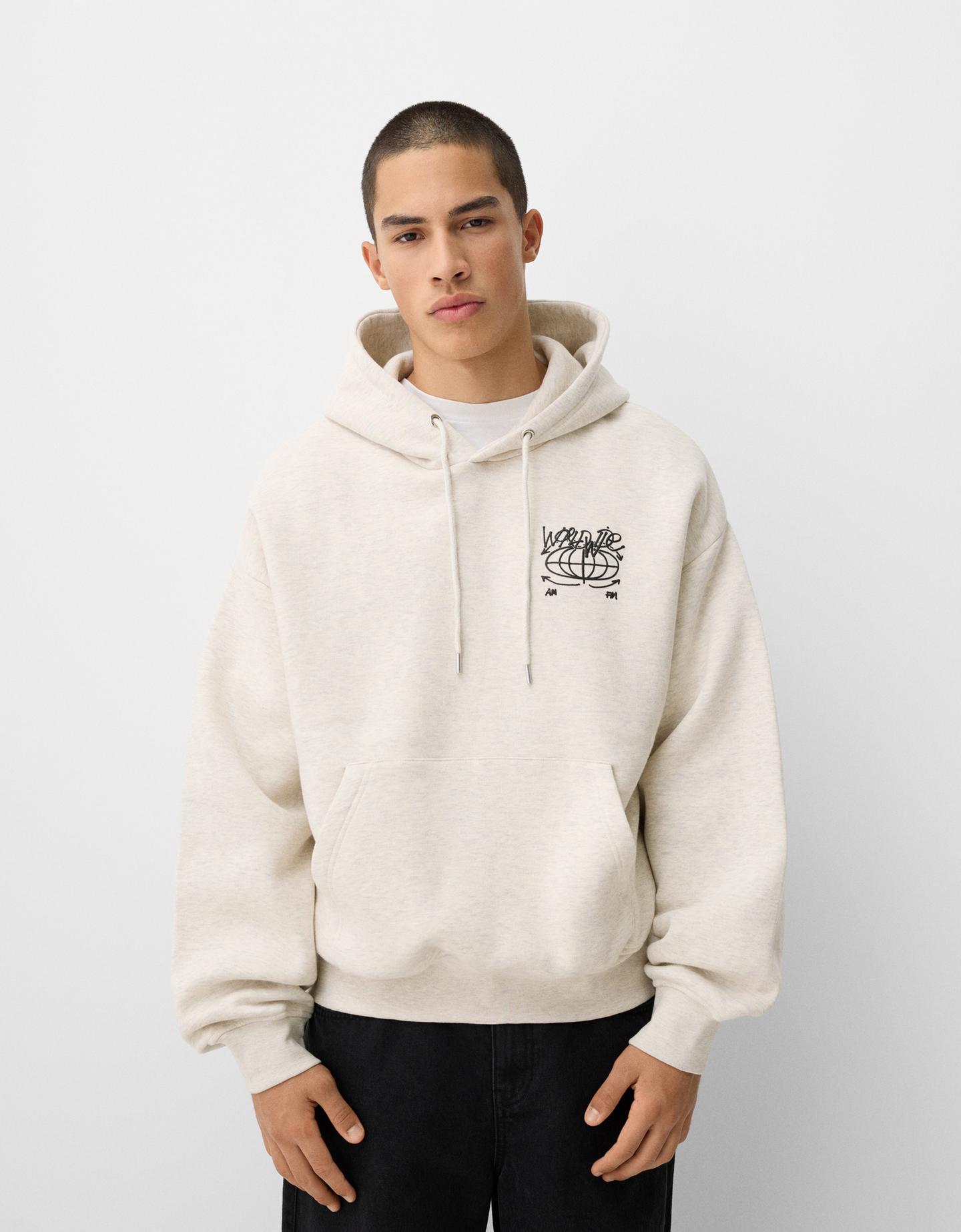 Bershka Sudadera Capucha Boxy Print Hombre L Gris