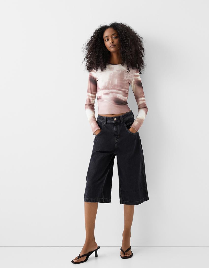 Top manches longues bord-côte imprimé-Écru-3