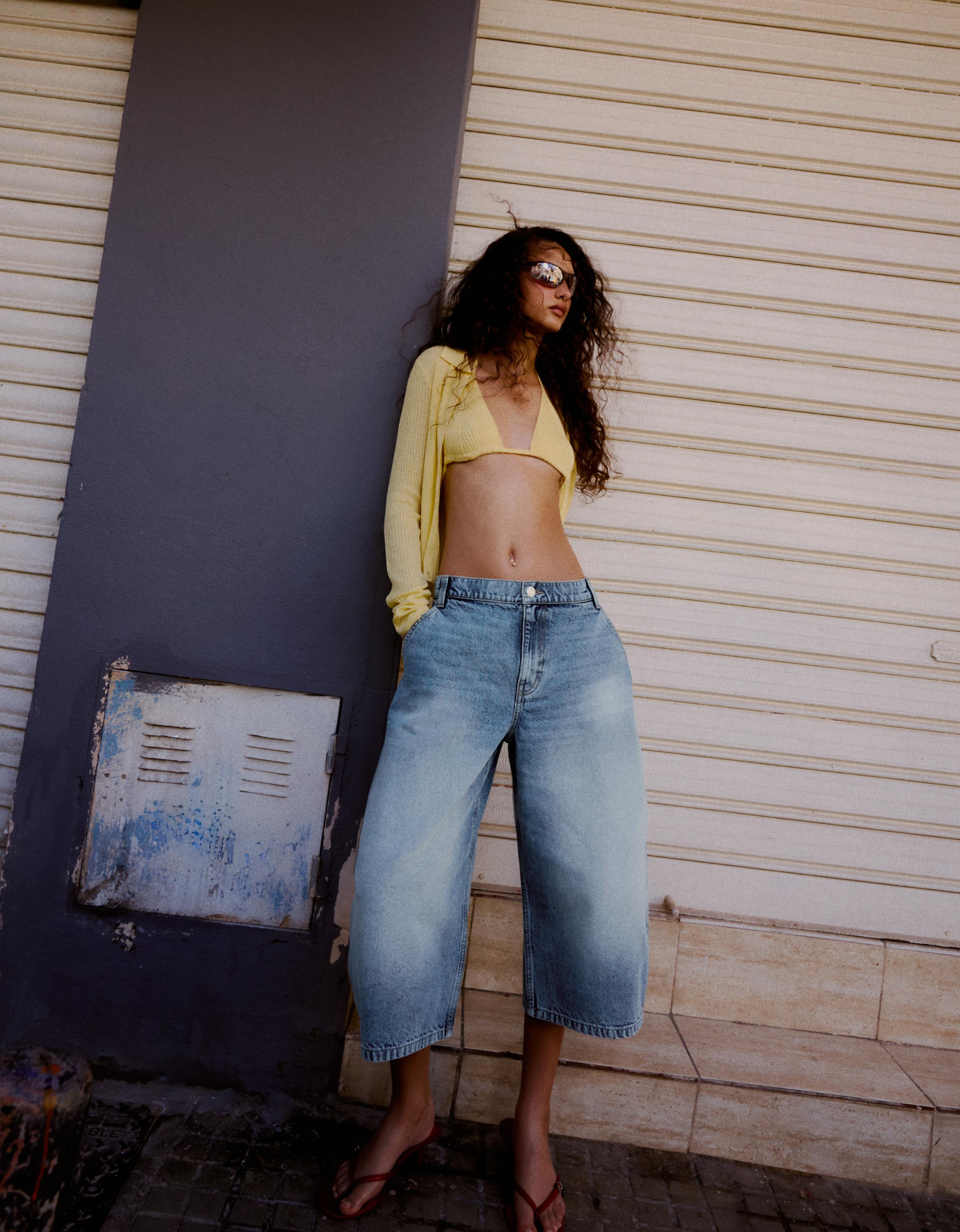 Bershka Bermuda Jort Denim Slouchy Mujer Azul Lavado