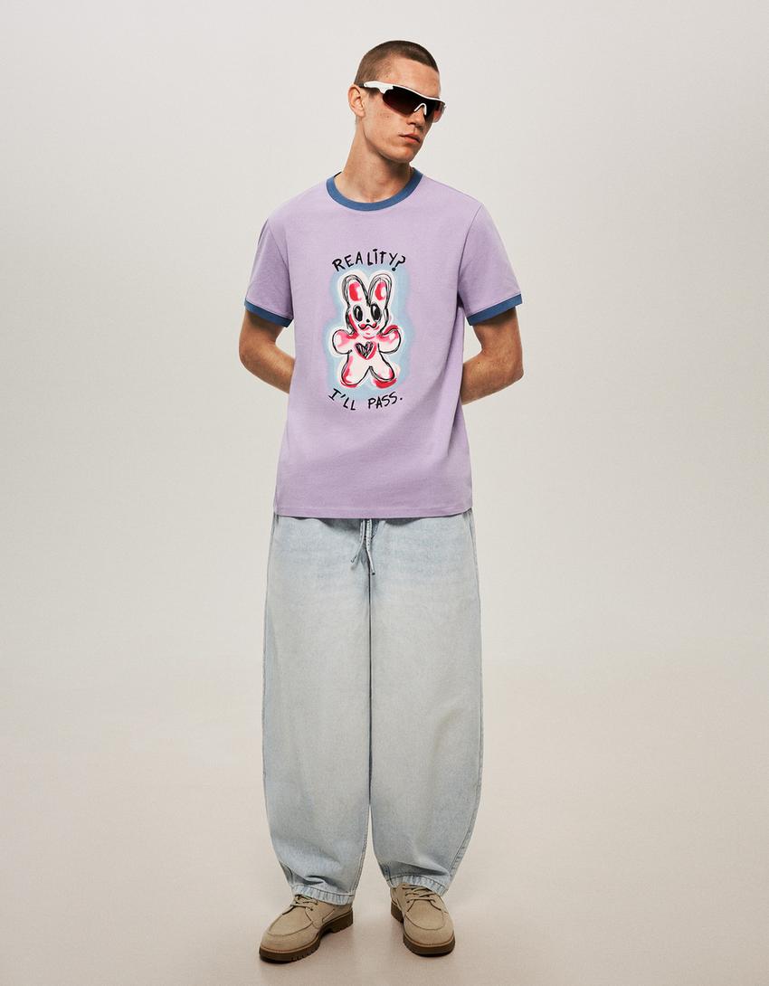 T-shirt manches courtes contrastant imprimé-Violet-3