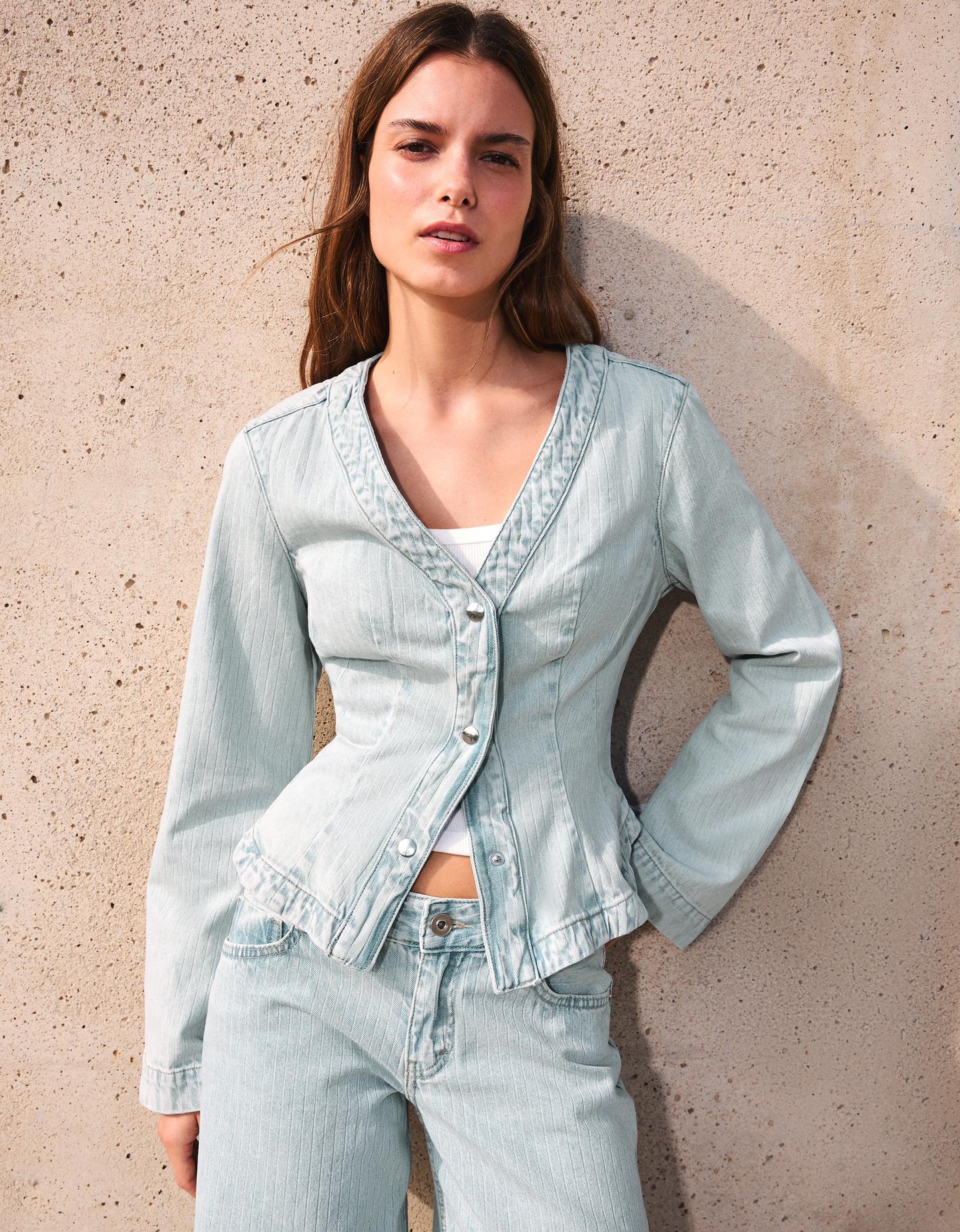 Bershka kurtka jeansowa peplum w paski jasnoniebieski