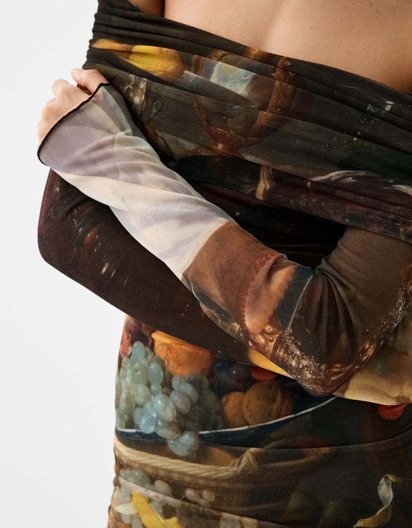 Vestido Jan Davidszoon de Heem mini manga comprida bardot tule estampado-Preto-5