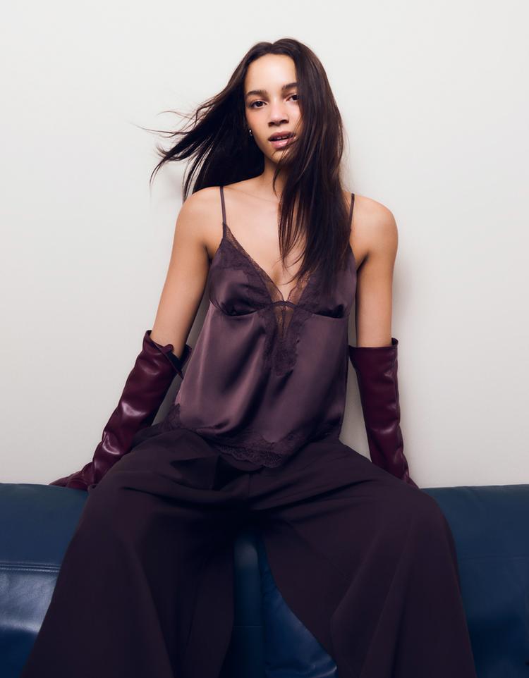 Asymmetric sateen lace camisole top