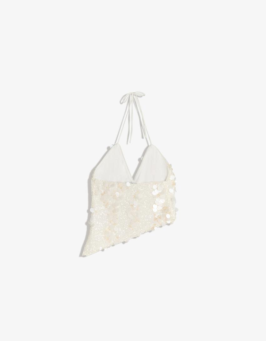 Top tirantes lentejuelas asimétrico-Blanco roto