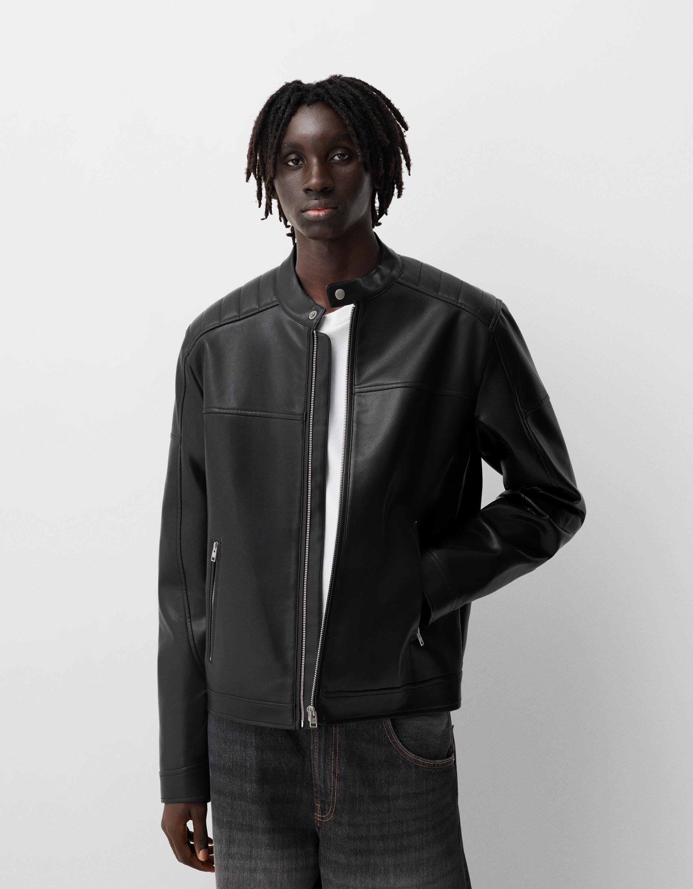 Faux leather biker jacket with zips Jackets and coats Men Bershka