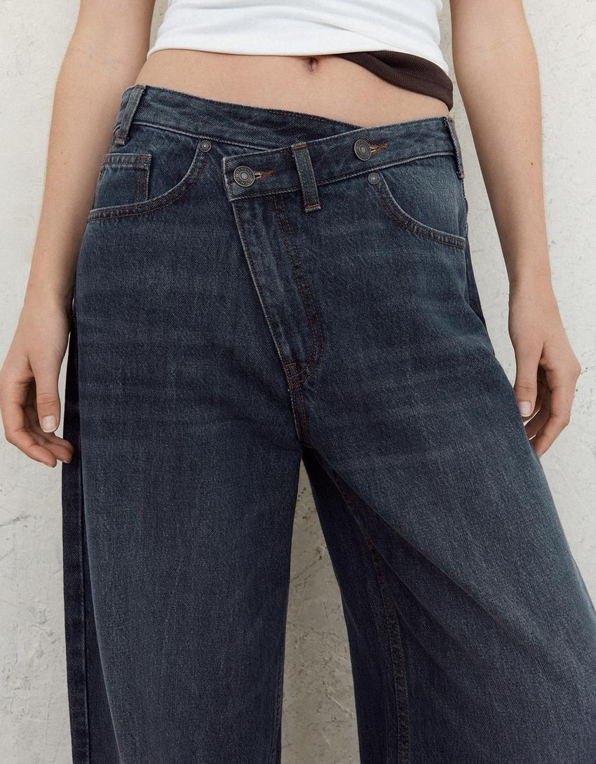 Çapraz belli wide leg jean-Mavi