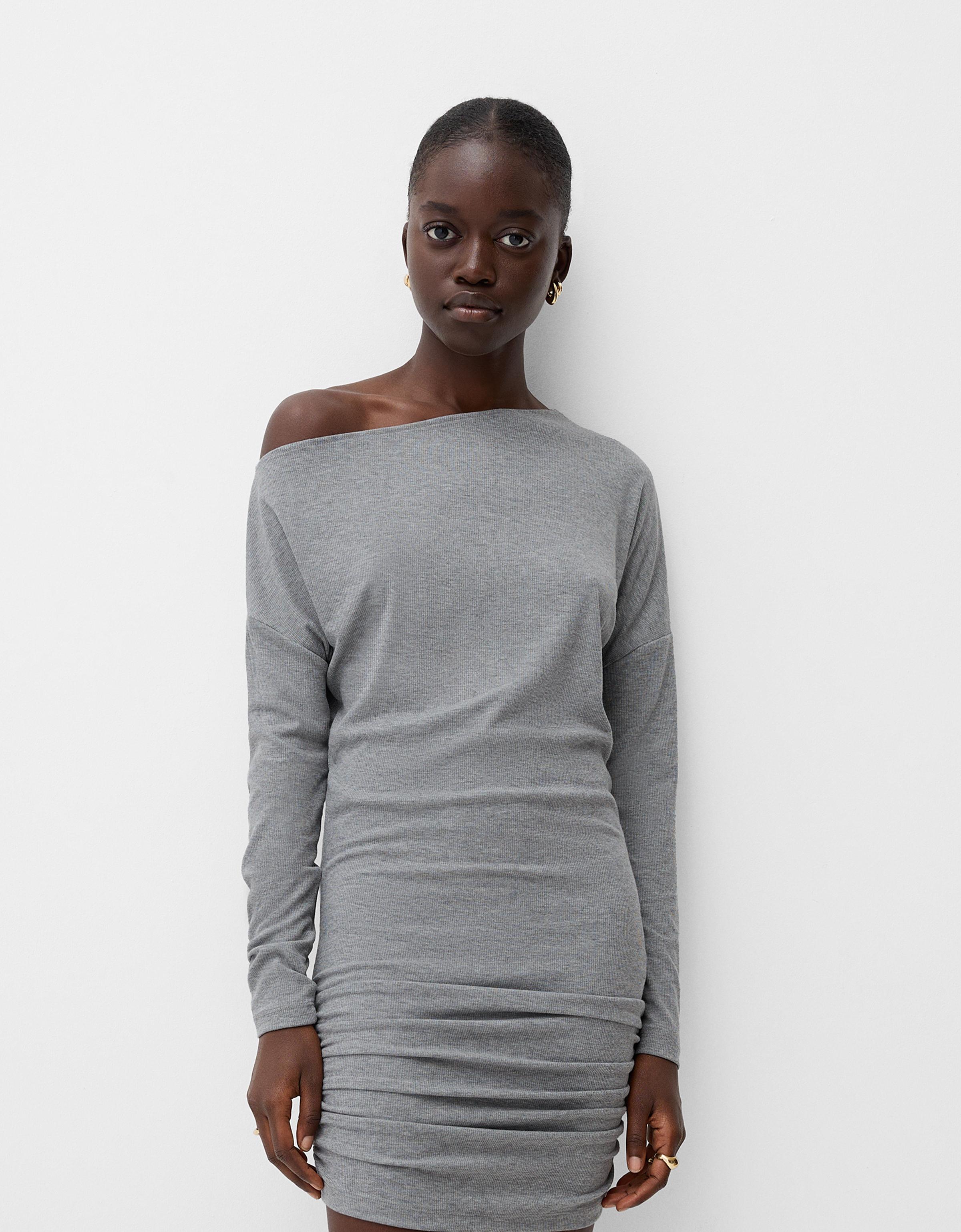 Bershka Asymmetrisches Kleid Mit Langen Ärmeln Damen L Grau