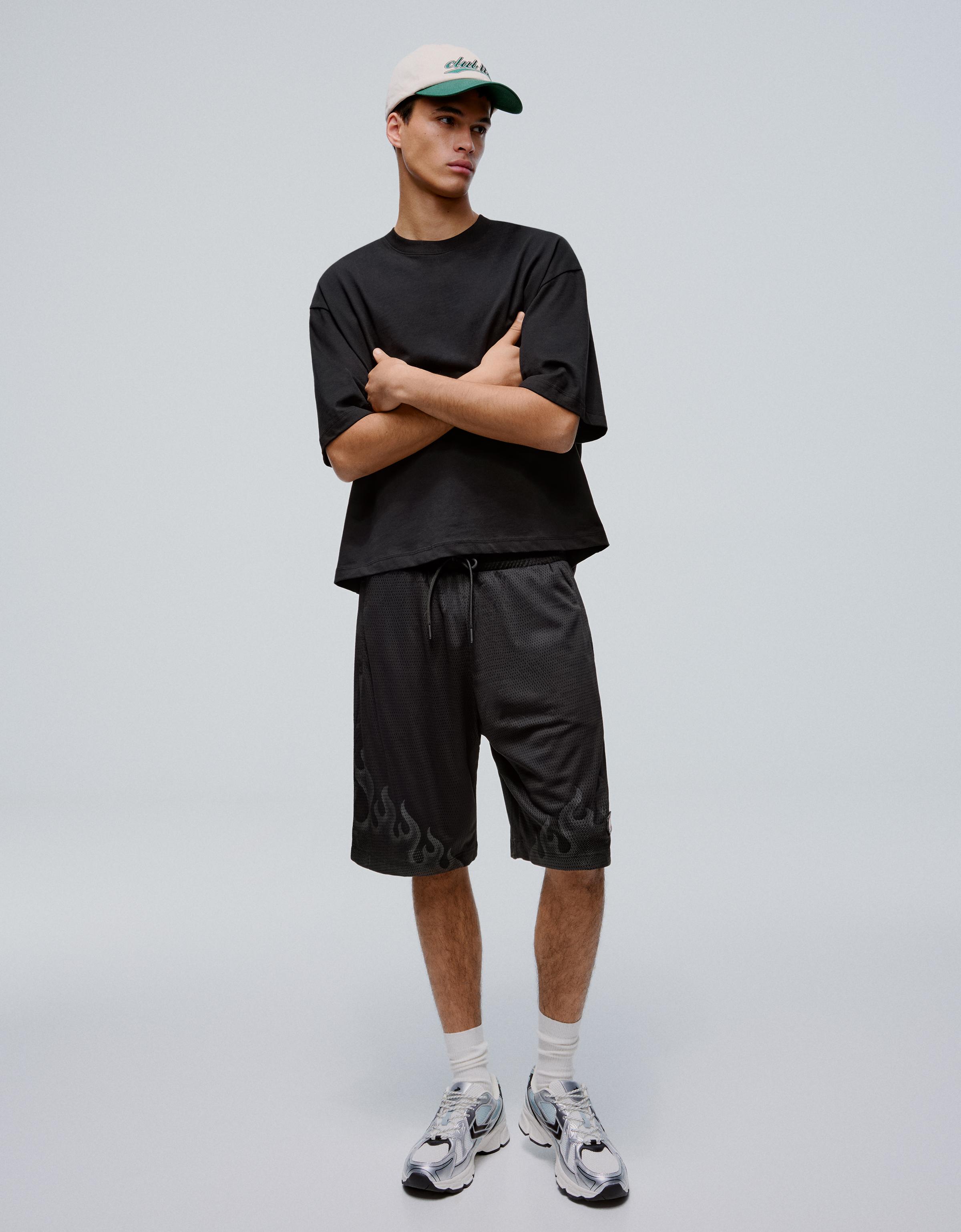 Bershka Bermudas Mesh Print Hombre Negro