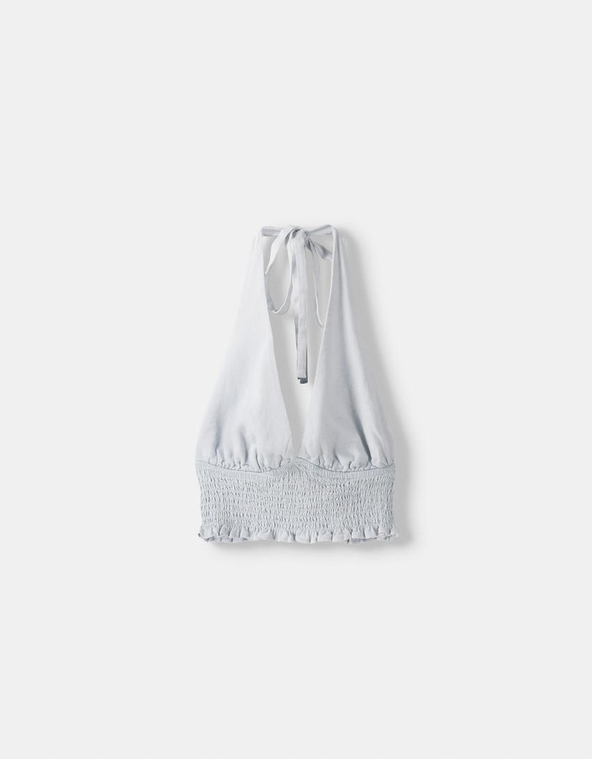 Crop top encolure américaine avec lin-Bleu clair-4
