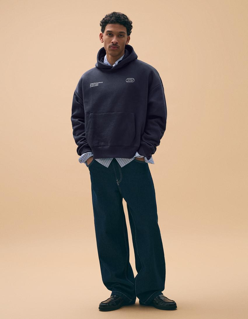 Sudadera con capucha boxy fit bordado-Azul
